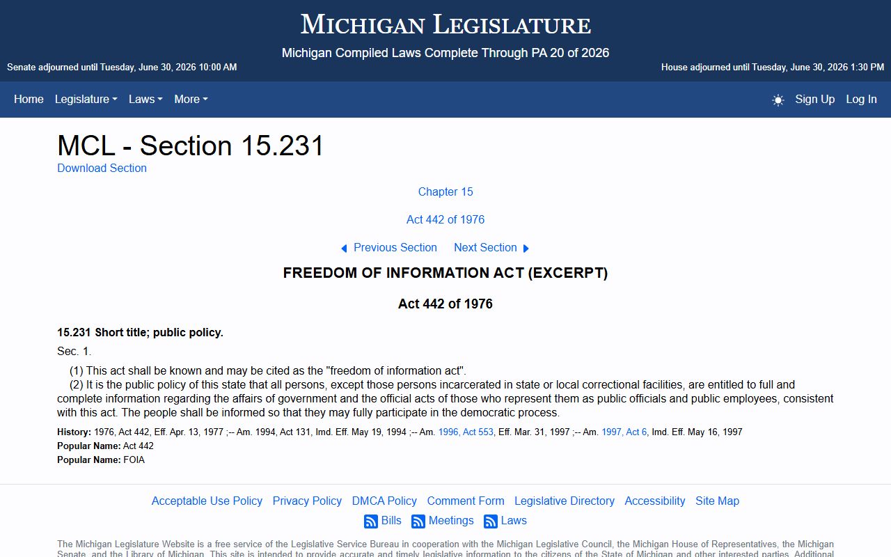 Michigan FOIA statute governing Monroe County public record requests