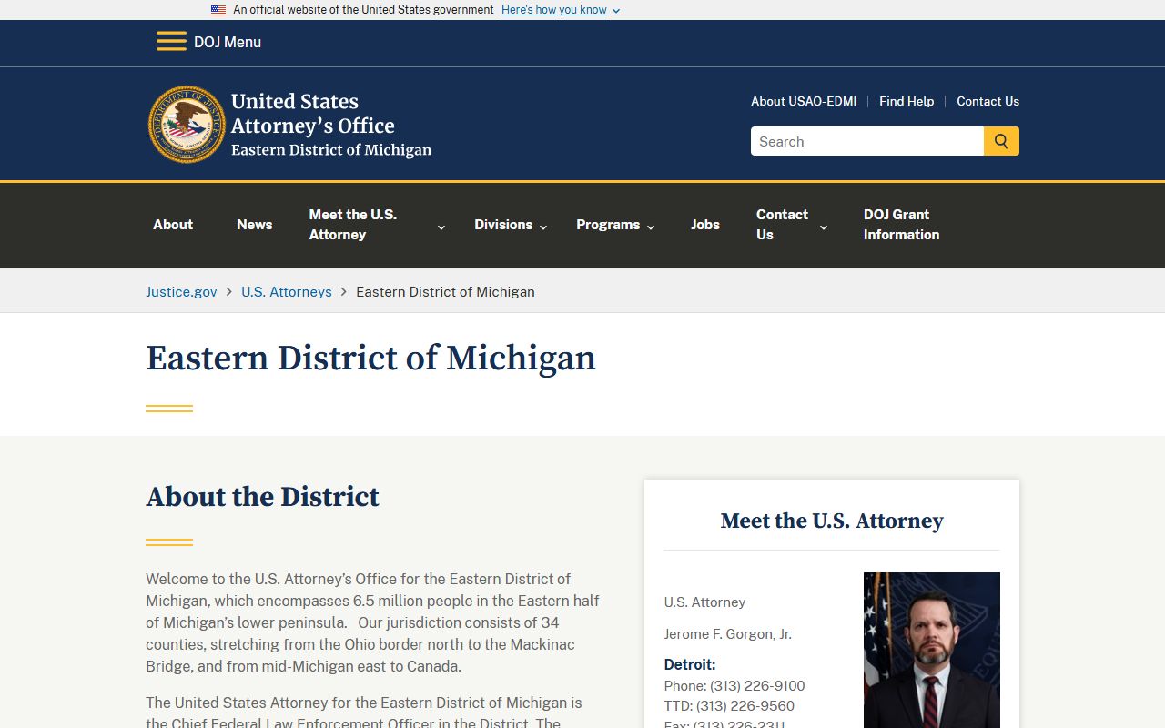 U.S. Attorney Eastern District of Michigan page for federal charges near Monroe County