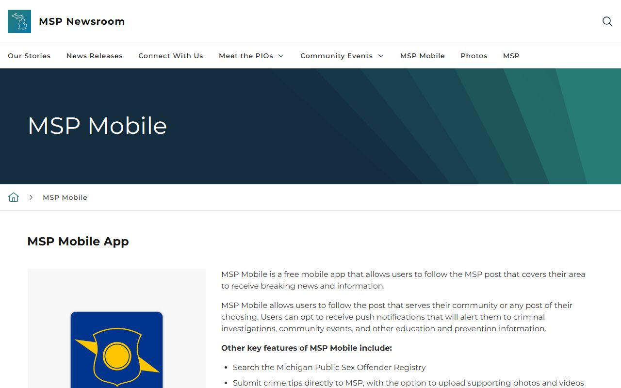 Michigan State Police mobile app page related to Monroe County arrest and charge information