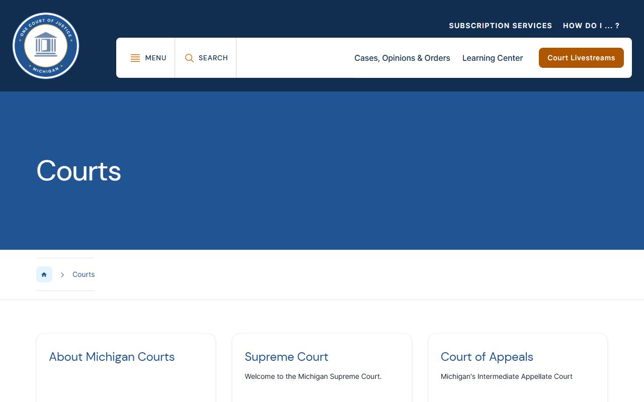 Michigan Courts overview page used to reach Monroe County court records
