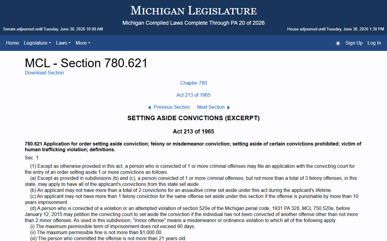 Michigan set-aside statute governing Monroe County criminal record clearance