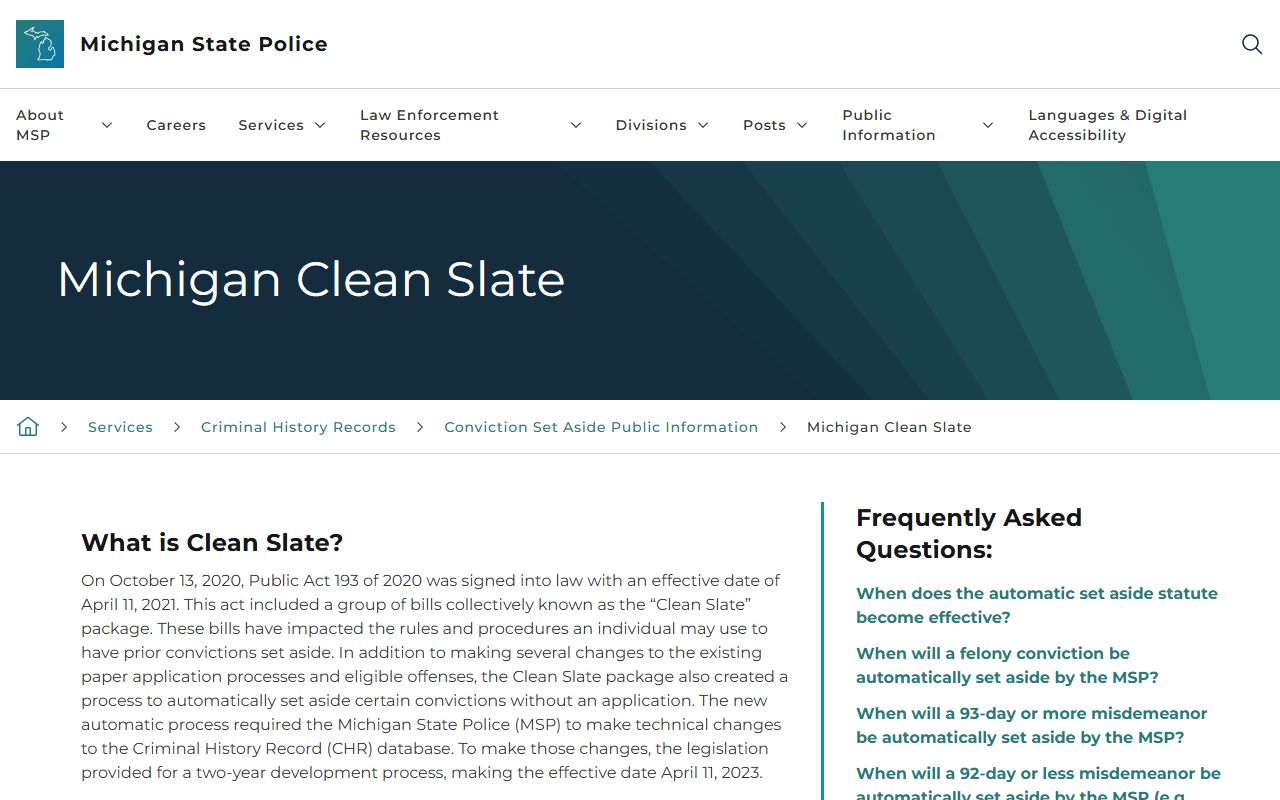 Michigan Clean Slate page on set-aside status for Monroe County criminal records