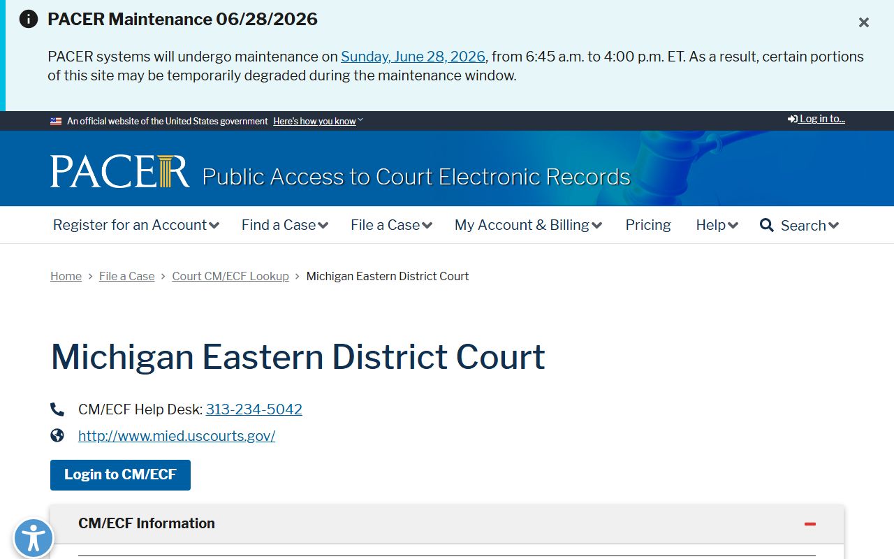 PACER lookup for Eastern District of Michigan federal Monroe County court records