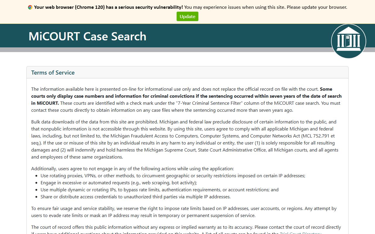 Monroe County court records search on the Michigan MiCOURT case search portal
