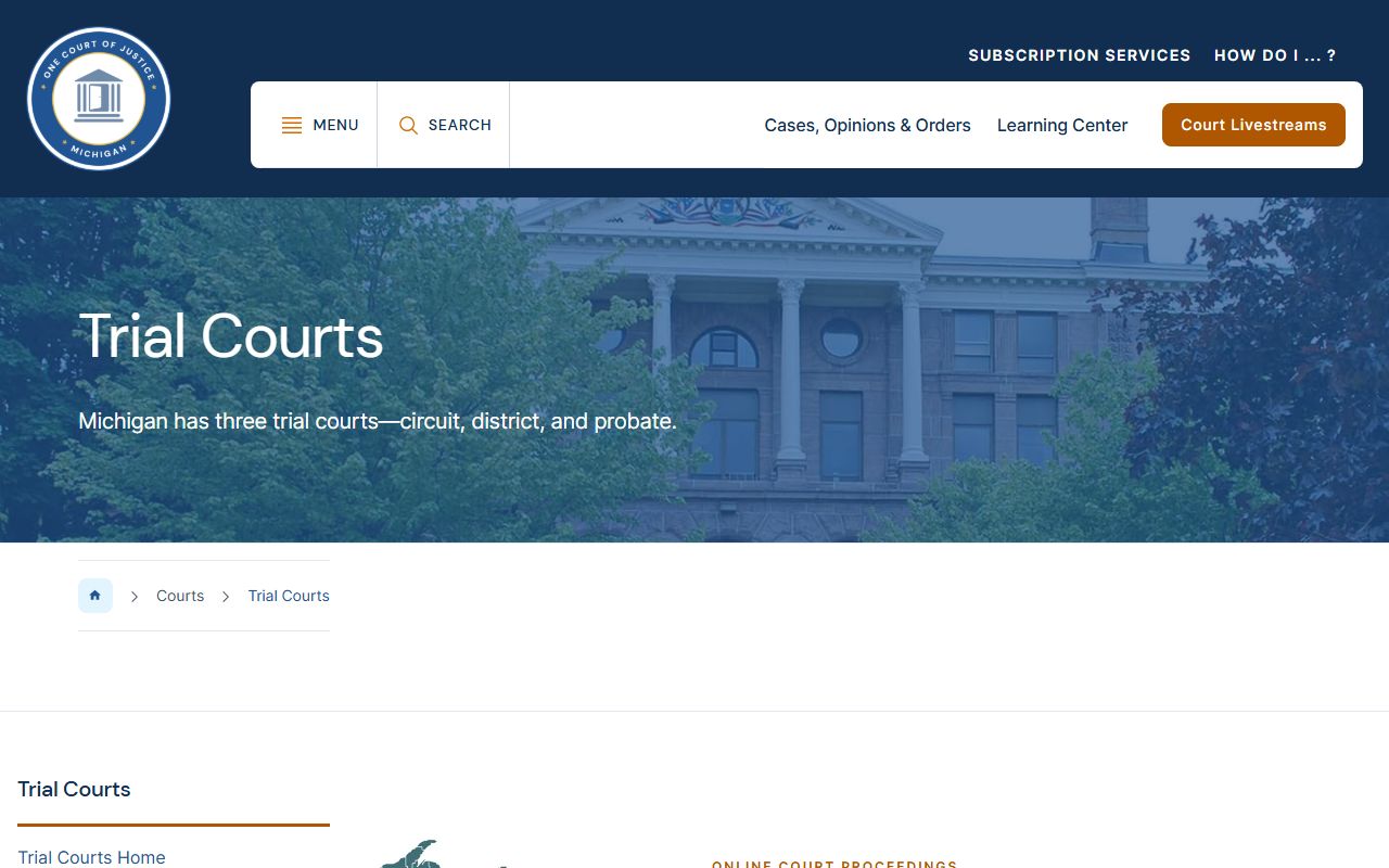 Monroe County court records structure shown on the Michigan trial courts page