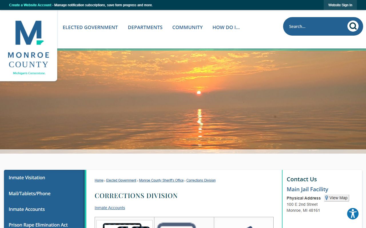Monroe County Corrections Division page with jail and inmate service links
