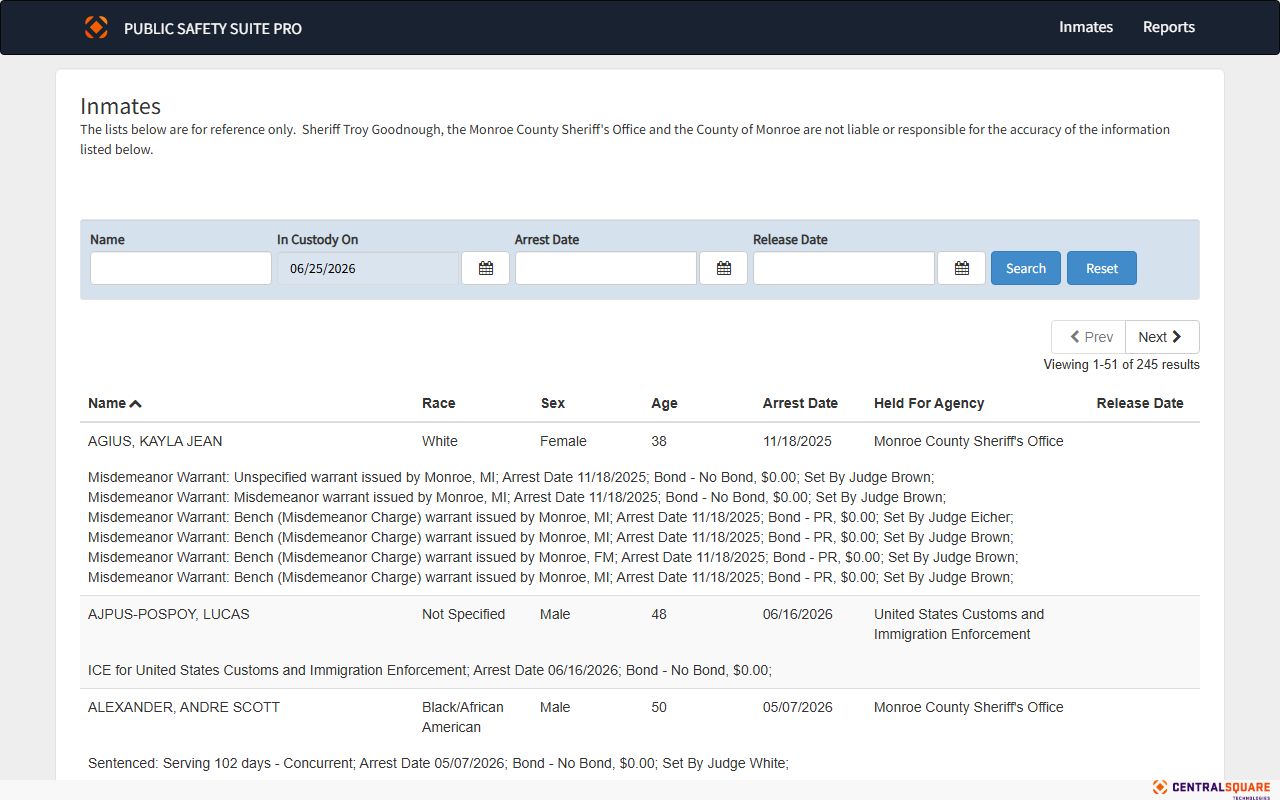 Zuercher public inmate and court roster portal for the Monroe County jail