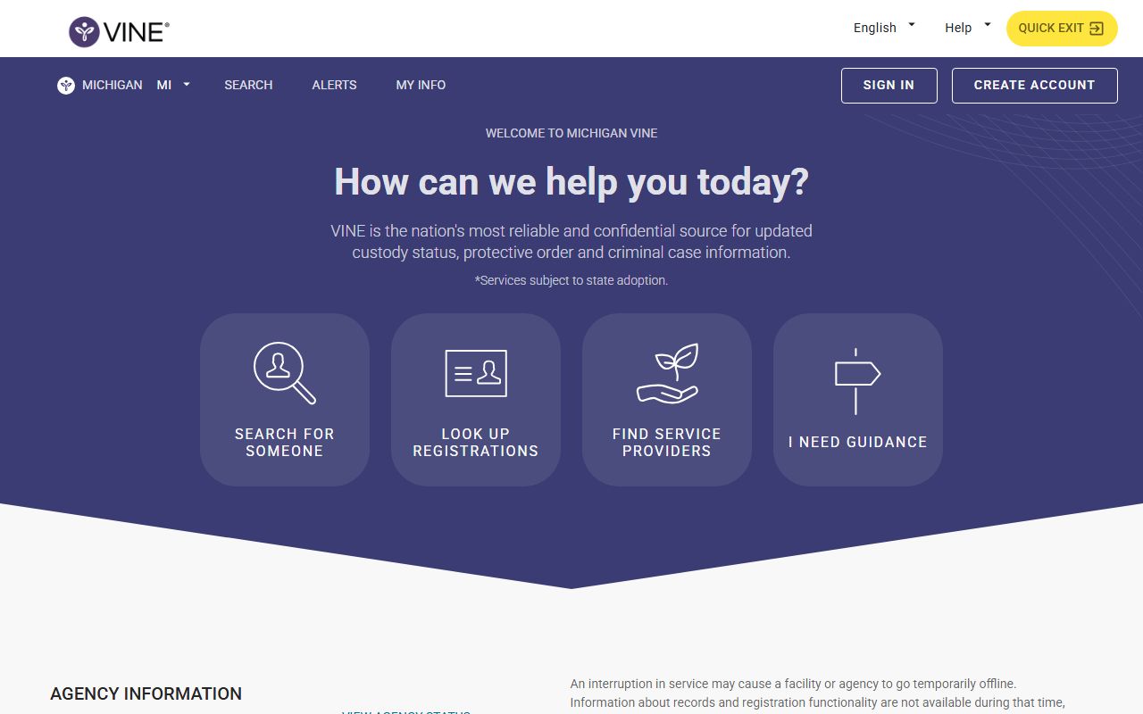 Michigan VINELink custody notification portal used for Monroe County inmates