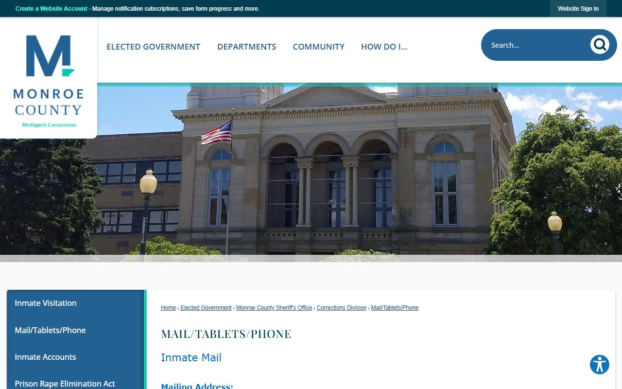 Monroe County jail mail, tablet, and phone service information page