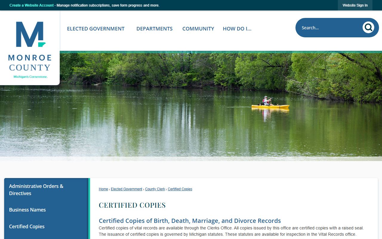 Monroe County certified copy page for marriage, divorce, birth, and death records