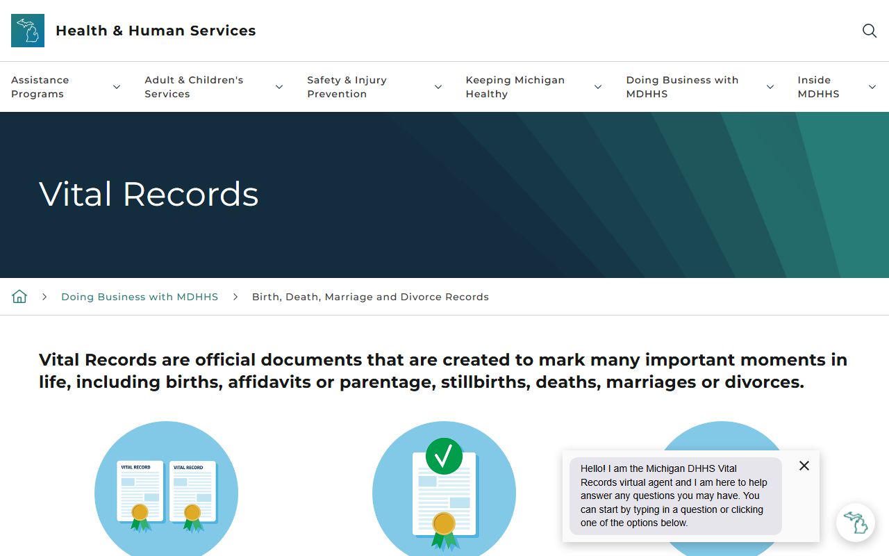 Michigan MDHHS vital records page for Monroe County marriage and divorce records