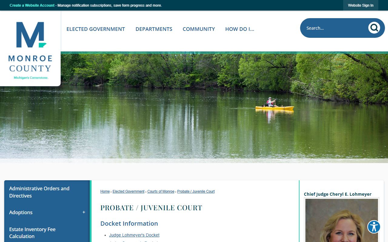 Monroe County Probate and Juvenile Court page listing probate record categories