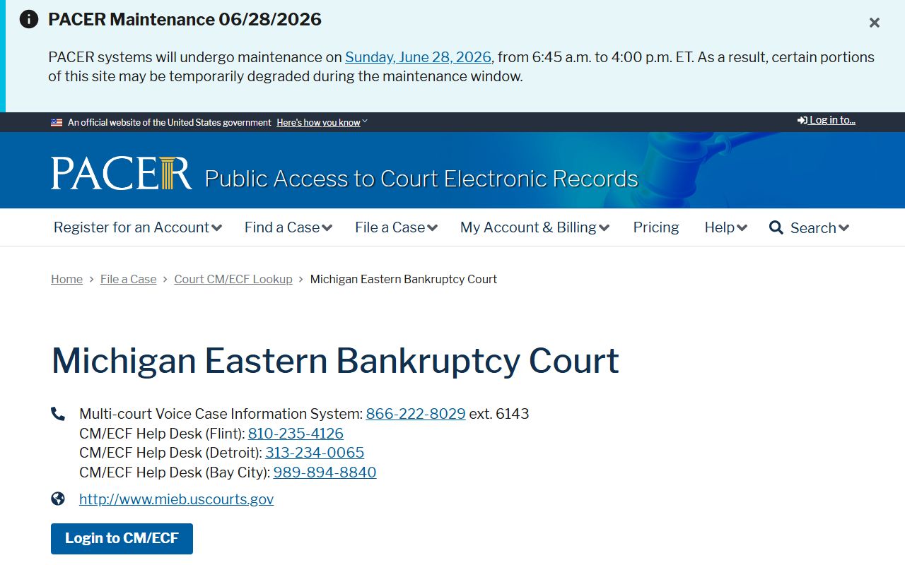 PACER bankruptcy case lookup for Eastern District of Michigan, distinct from Monroe County probate records
