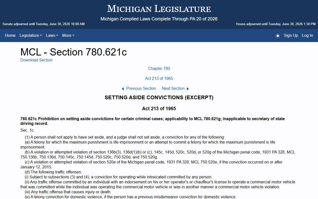 Michigan traffic set-aside statute affecting Monroe County traffic court records and driver records