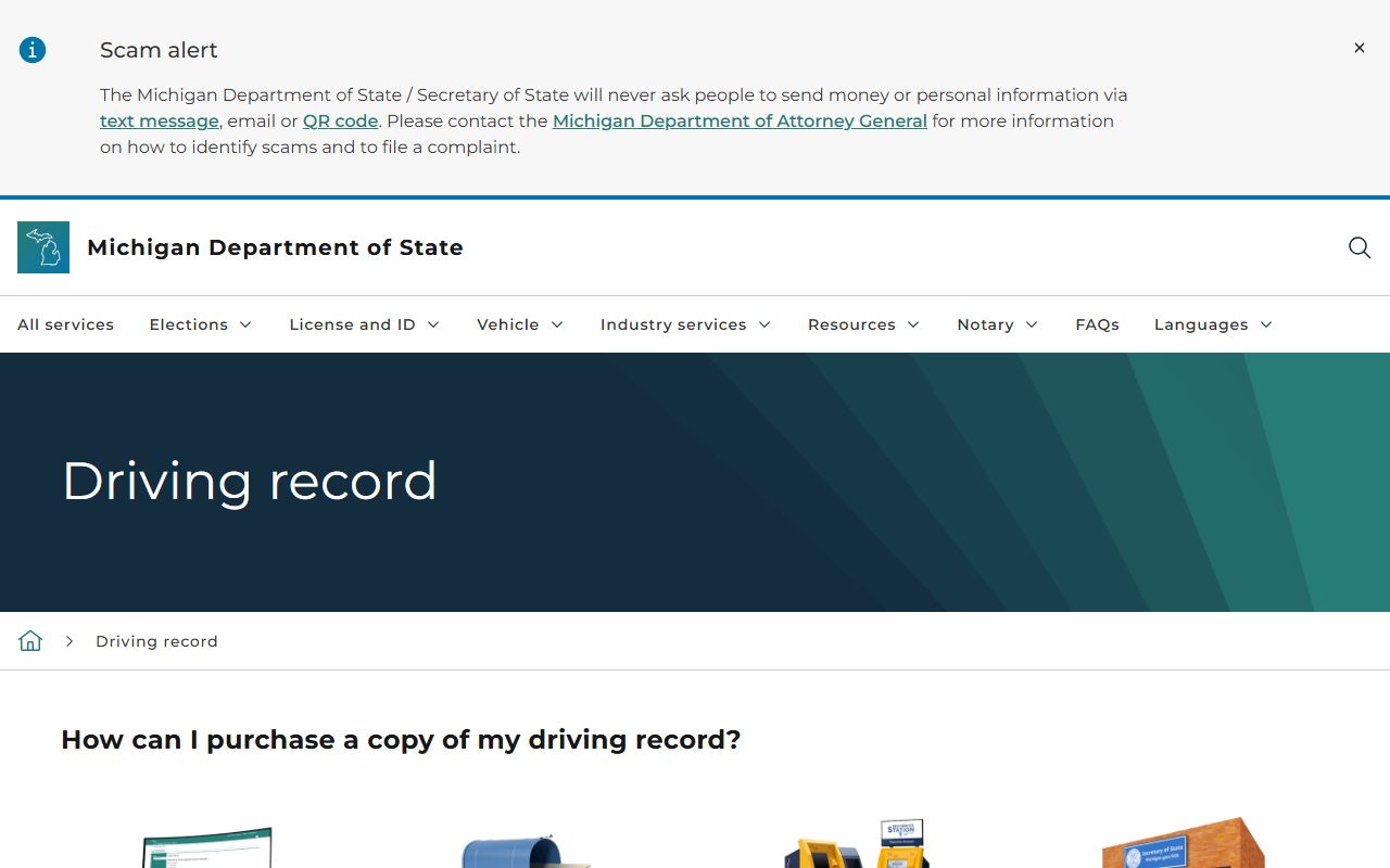 Michigan Secretary of State driving record page separate from Monroe County traffic court records