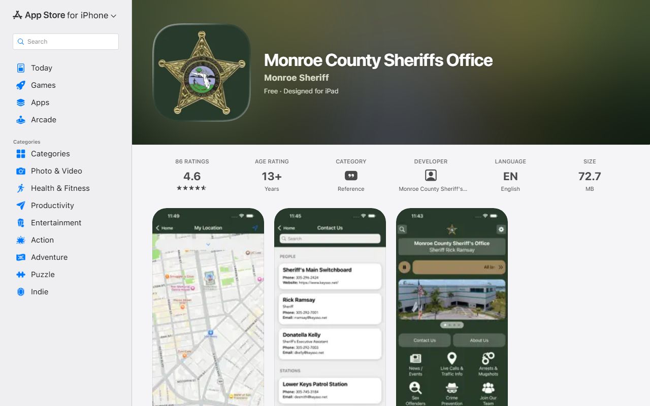 App Store listing for the Monroe County Sheriff's Office app used for warrant and agency information
